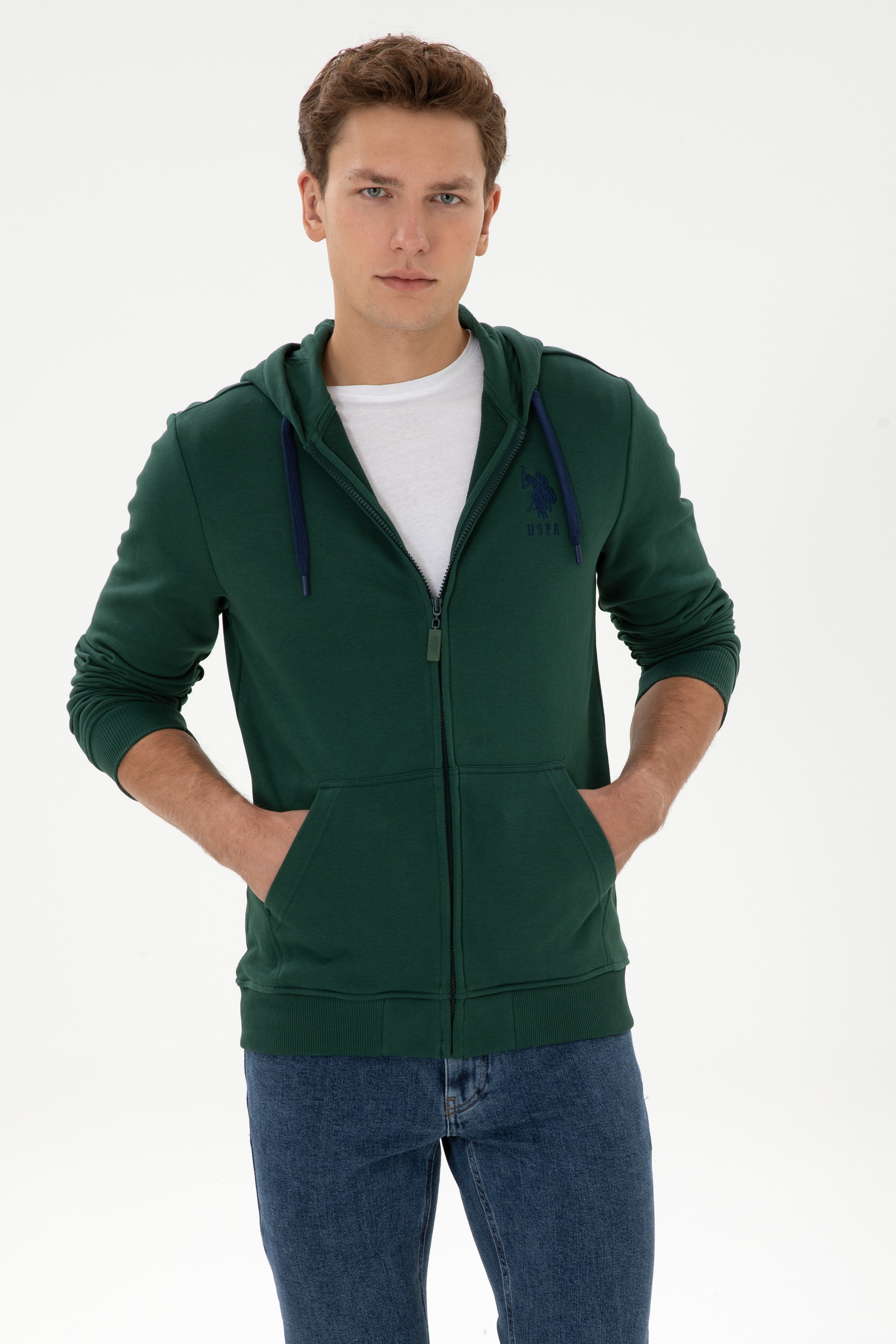 Erkek Regular Fit Regular Fit Fermuarlı Kapüşonlu Koyu Yeşil Örme Hırka - Image 1