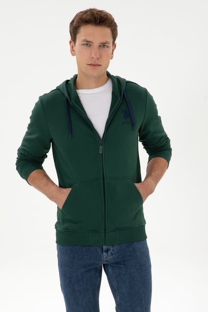 Erkek Regular Fit Regular Fit Fermuarlı Kapüşonlu Koyu Yeşil Örme Hırka