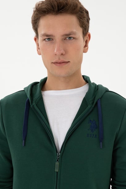 Erkek Regular Fit Regular Fit Fermuarlı Kapüşonlu Koyu Yeşil Örme Hırka