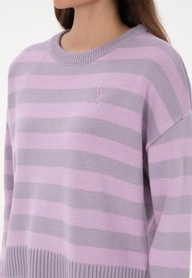 Kadın Mor Çizgili Bisiklet Yaka Kazak - 50314653020