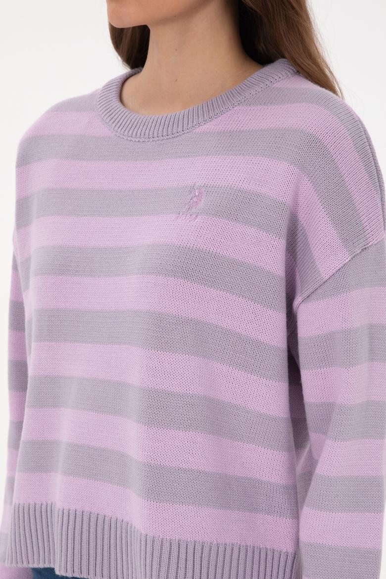 Kadın Mor Çizgili Bisiklet Yaka Kazak - 50314653020