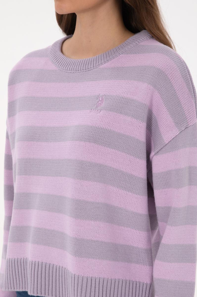 Kadın Mor Çizgili Bisiklet Yaka Kazak