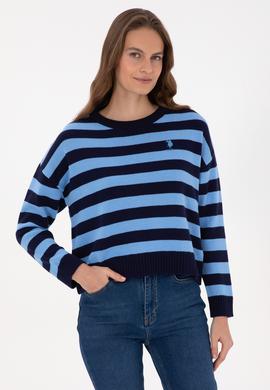 Kadın Lacivert Çizgili Bisiklet Yaka Kazak - 50314653006