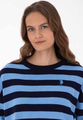 Kadın Lacivert Çizgili Bisiklet Yaka Kazak - 50314653006