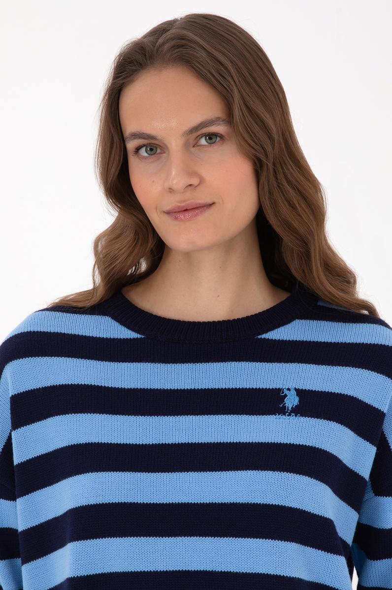 Kadın Lacivert Çizgili Bisiklet Yaka Kazak