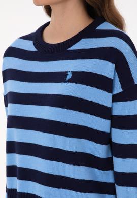 Kadın Lacivert Çizgili Bisiklet Yaka Kazak - 50314653006