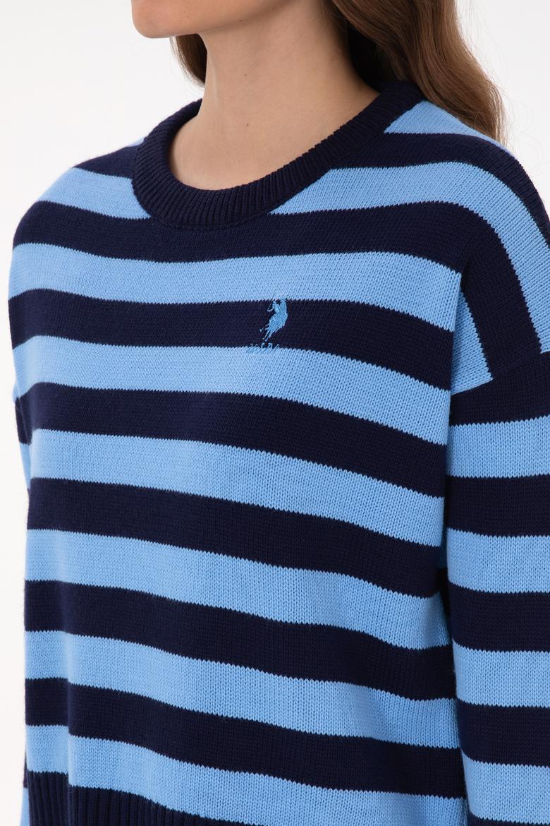 Kadın Lacivert Çizgili Bisiklet Yaka Kazak - 50314653006