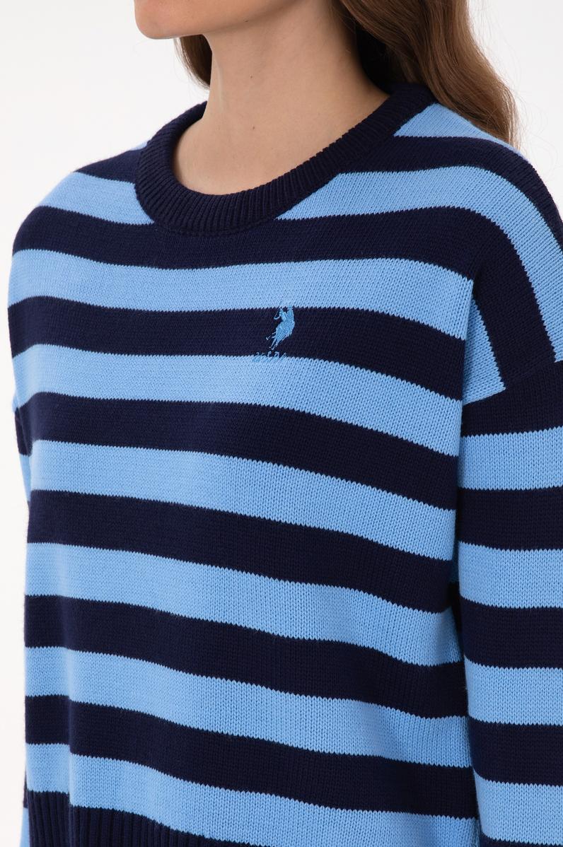 Kadın Lacivert Çizgili Bisiklet Yaka Kazak