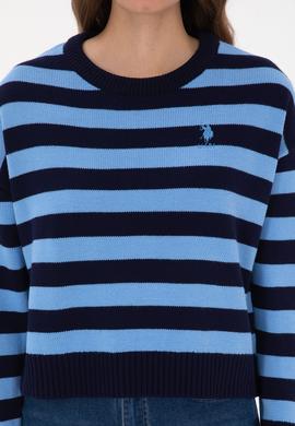 Kadın Lacivert Çizgili Bisiklet Yaka Kazak - 50314653006