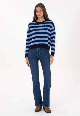 Kadın Lacivert Çizgili Bisiklet Yaka Kazak - 50314653006