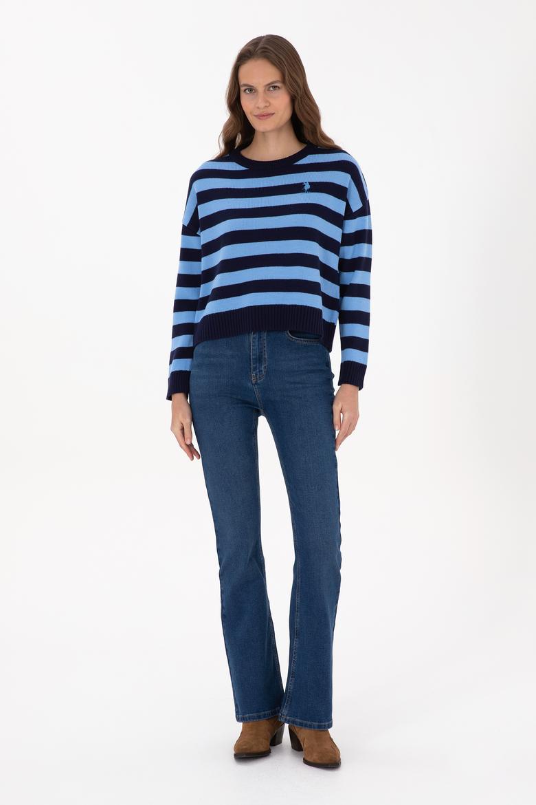 Kadın Lacivert Çizgili Bisiklet Yaka Kazak - 50314653006
