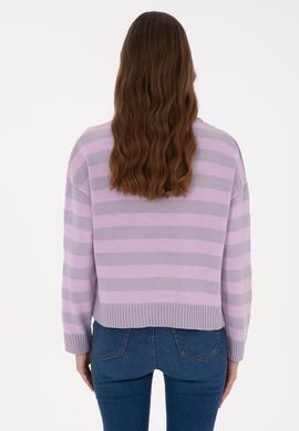 Kadın Mor Çizgili Bisiklet Yaka Kazak - 50314653020