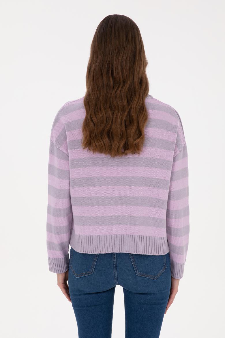 Kadın Mor Çizgili Bisiklet Yaka Kazak - 50314653020