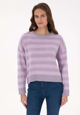 Kadın Mor Çizgili Bisiklet Yaka Kazak - 50314653020
