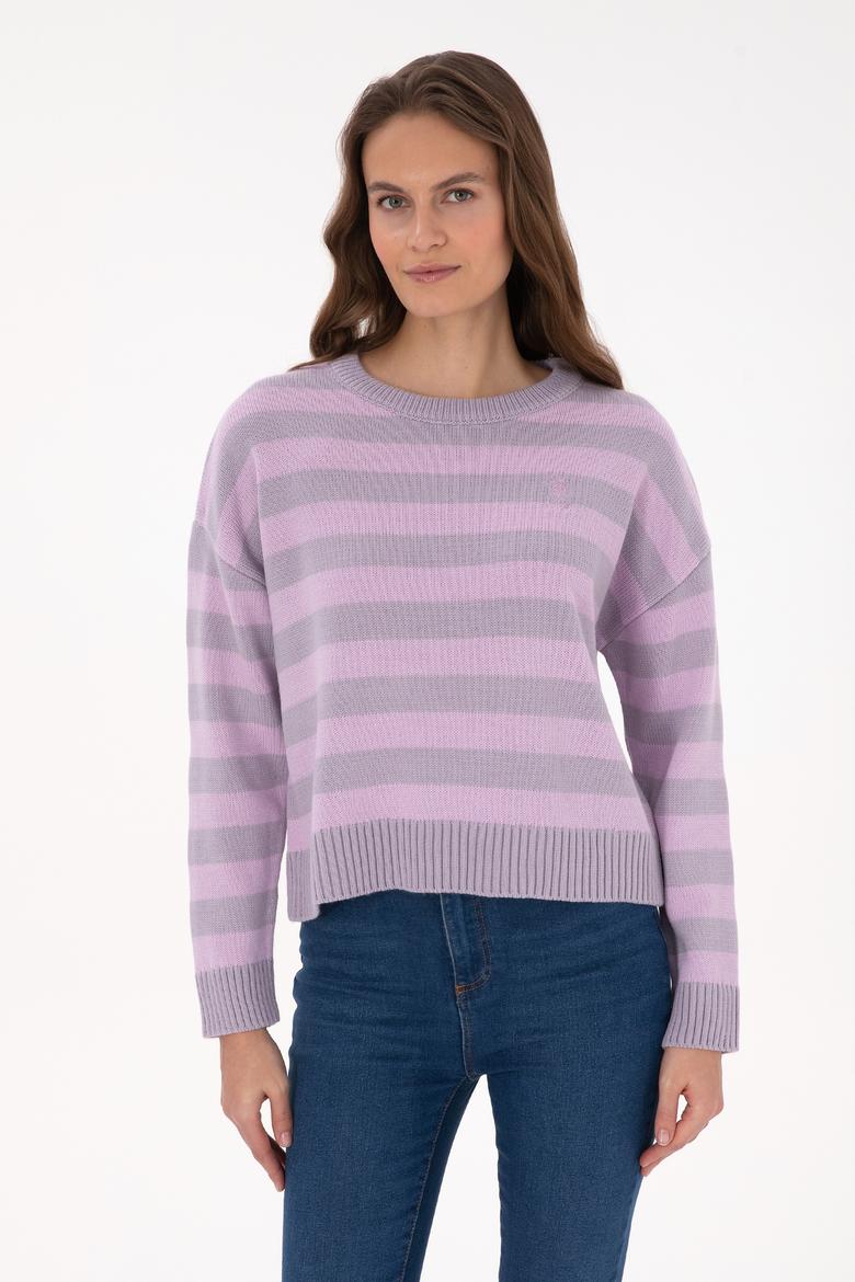 Kadın Mor Çizgili Bisiklet Yaka Kazak - 50314653020