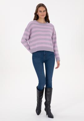 Kadın Mor Çizgili Bisiklet Yaka Kazak - 50314653020