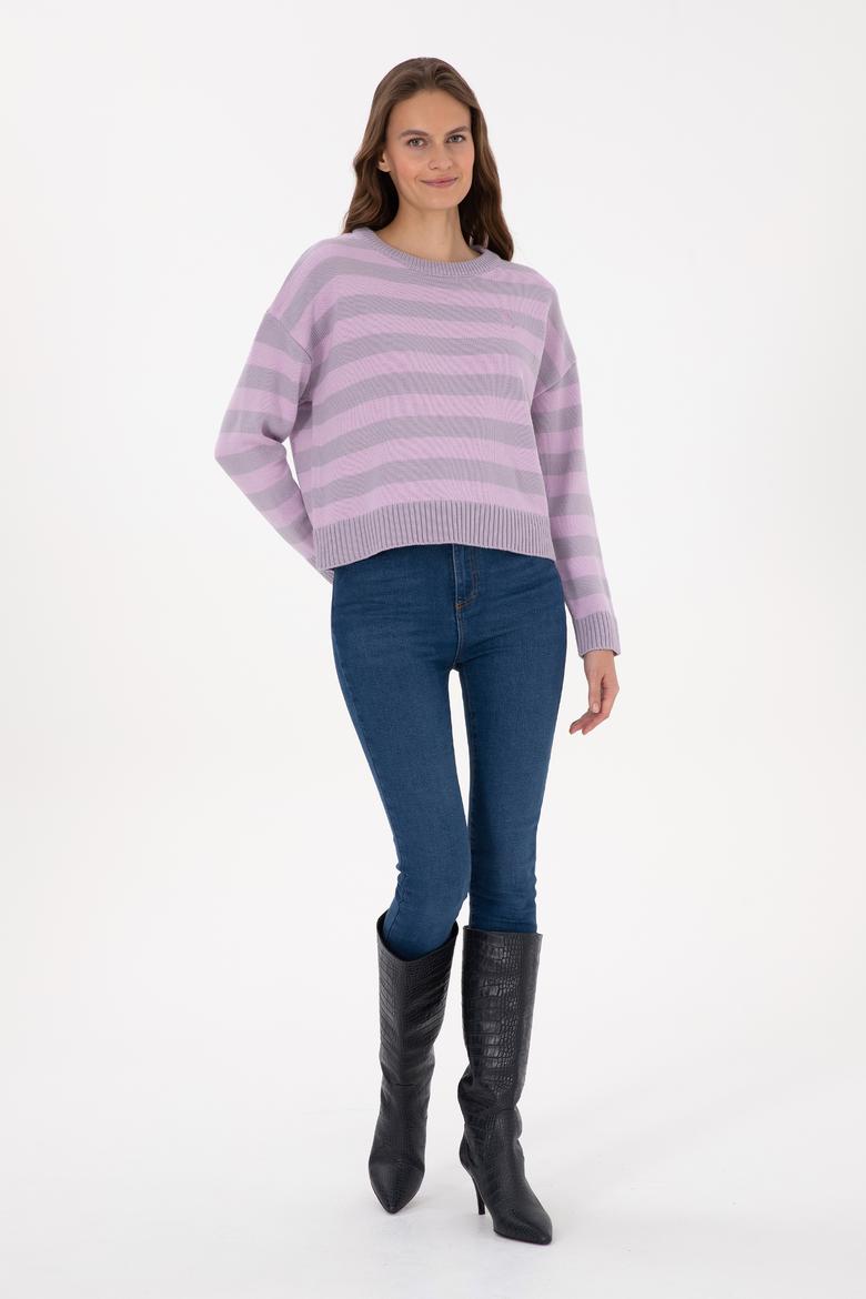 Kadın Mor Çizgili Bisiklet Yaka Kazak - 50314653020