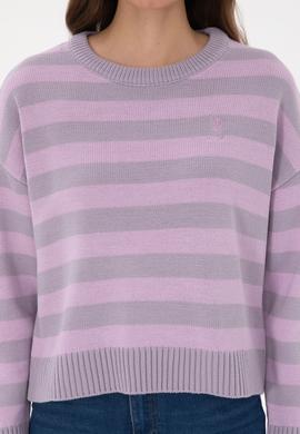 Kadın Mor Çizgili Bisiklet Yaka Kazak - 50314653020