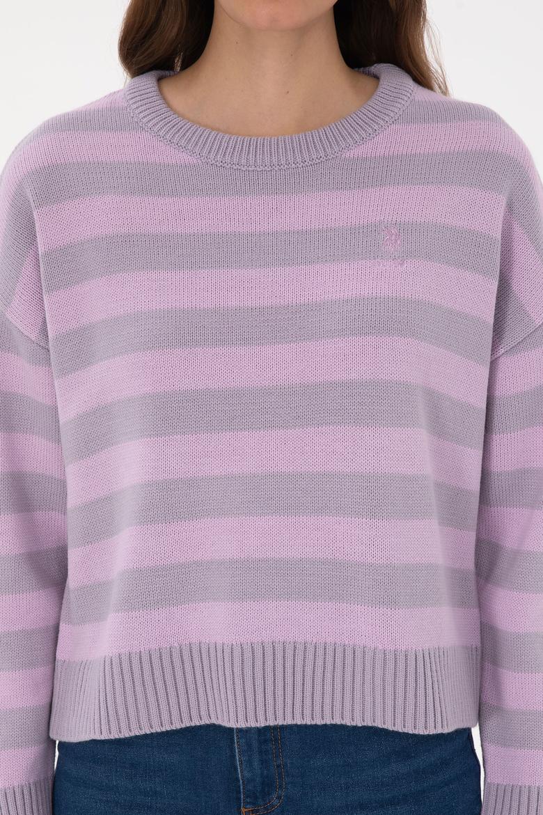 Kadın Mor Çizgili Bisiklet Yaka Kazak - 50314653020