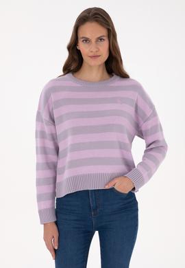 Kadın Mor Çizgili Bisiklet Yaka Kazak - 50314653020