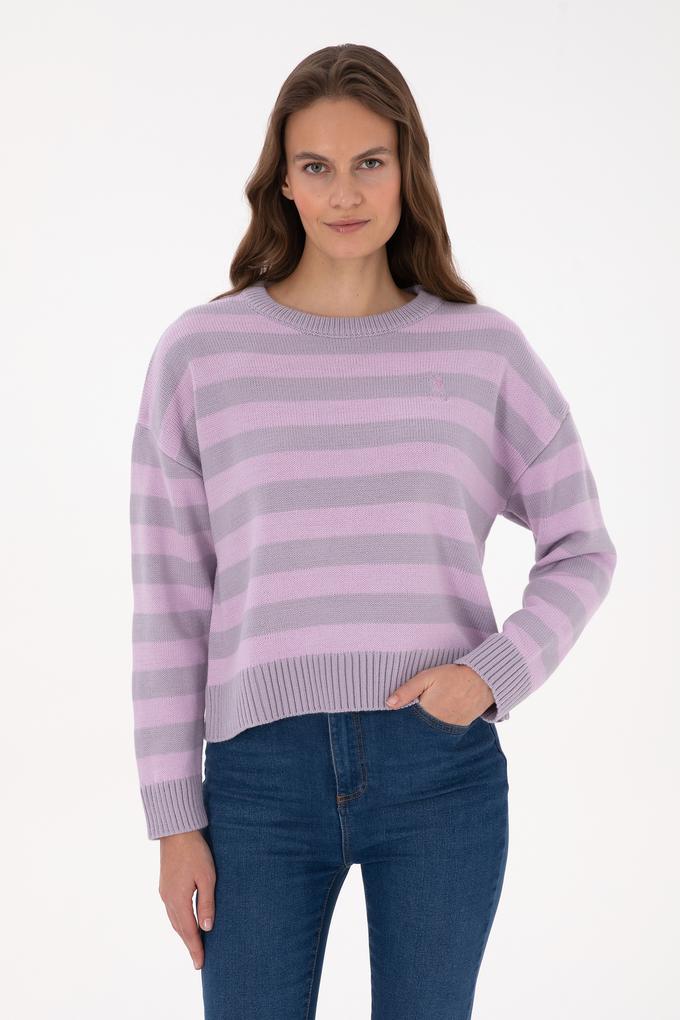 Kadın Mor Çizgili Bisiklet Yaka Kazak