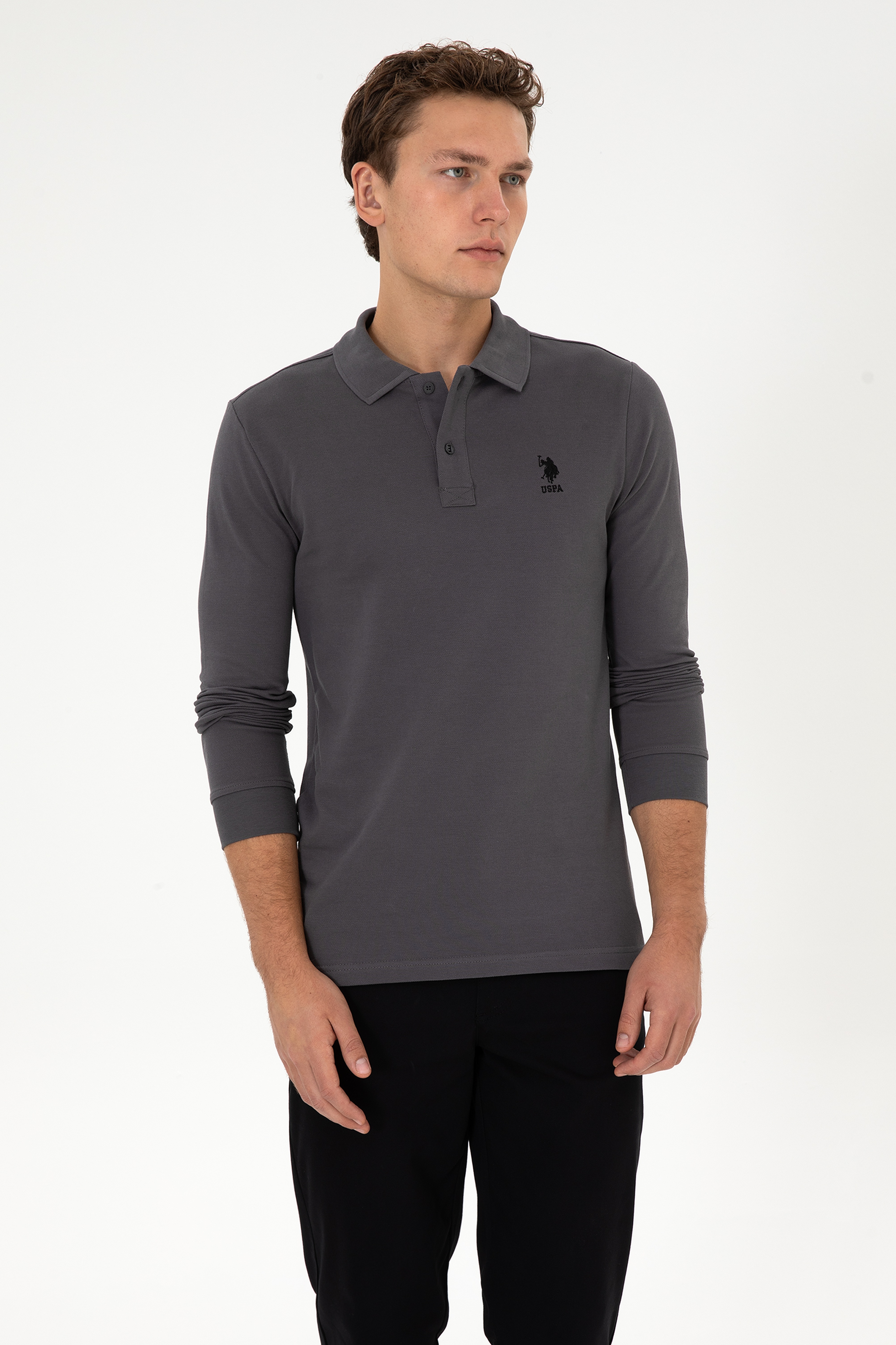 Erkek Slim Fit Polo Yaka Gri Basic Sweatshirt