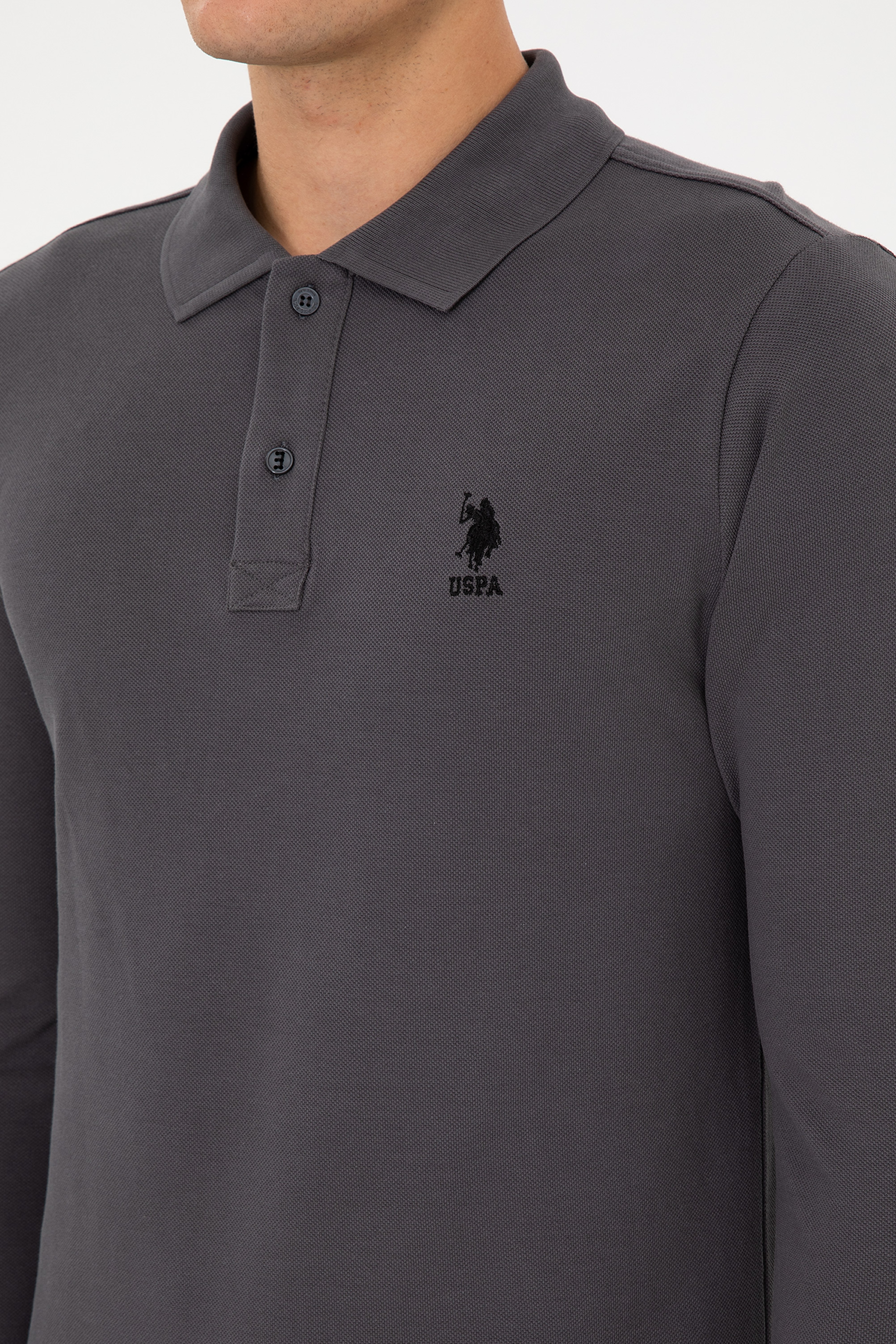 Erkek Slim Fit Polo Yaka Gri Basic Sweatshirt - Image 7