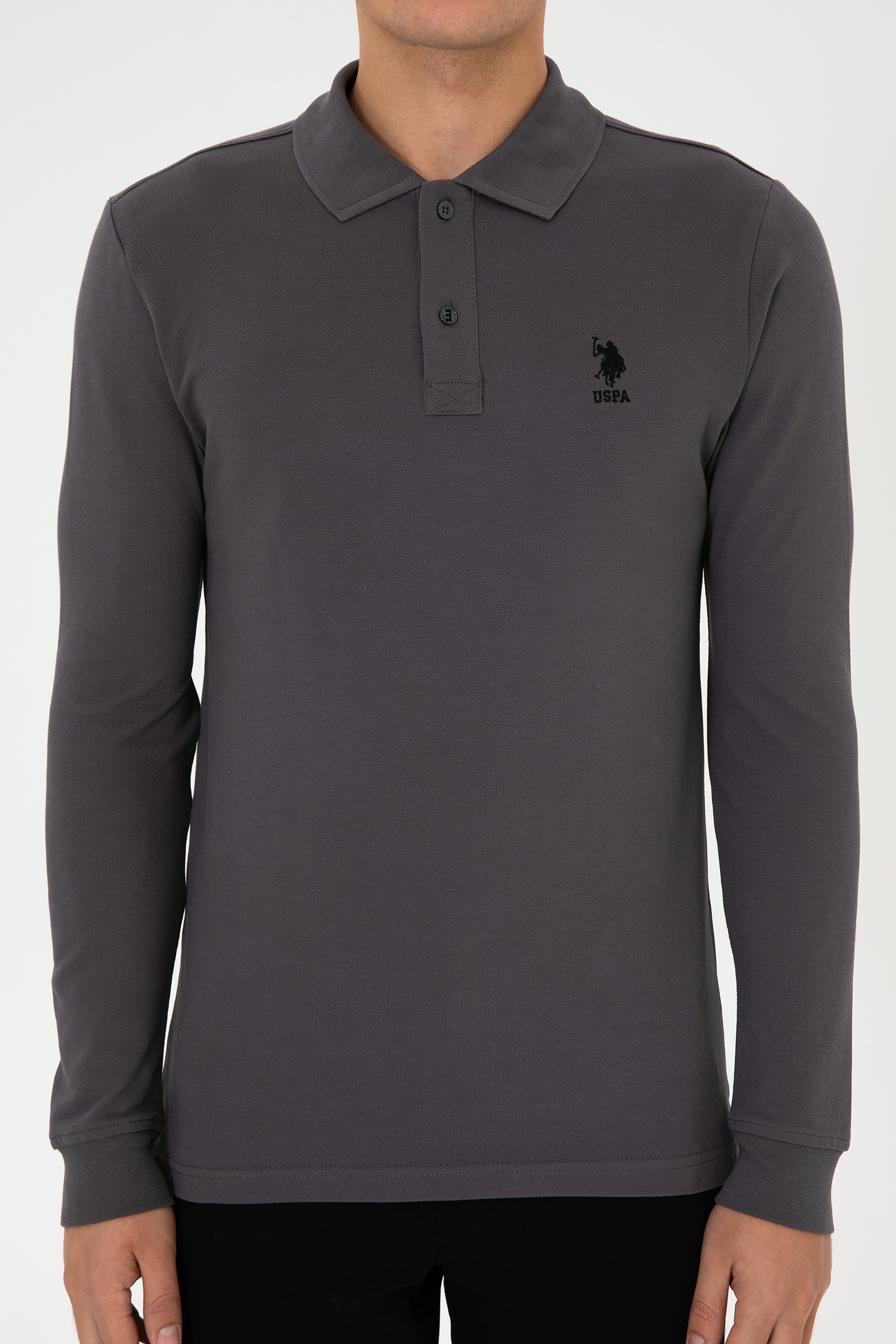 Erkek Slim Fit Polo Yaka Gri Basic Sweatshirt