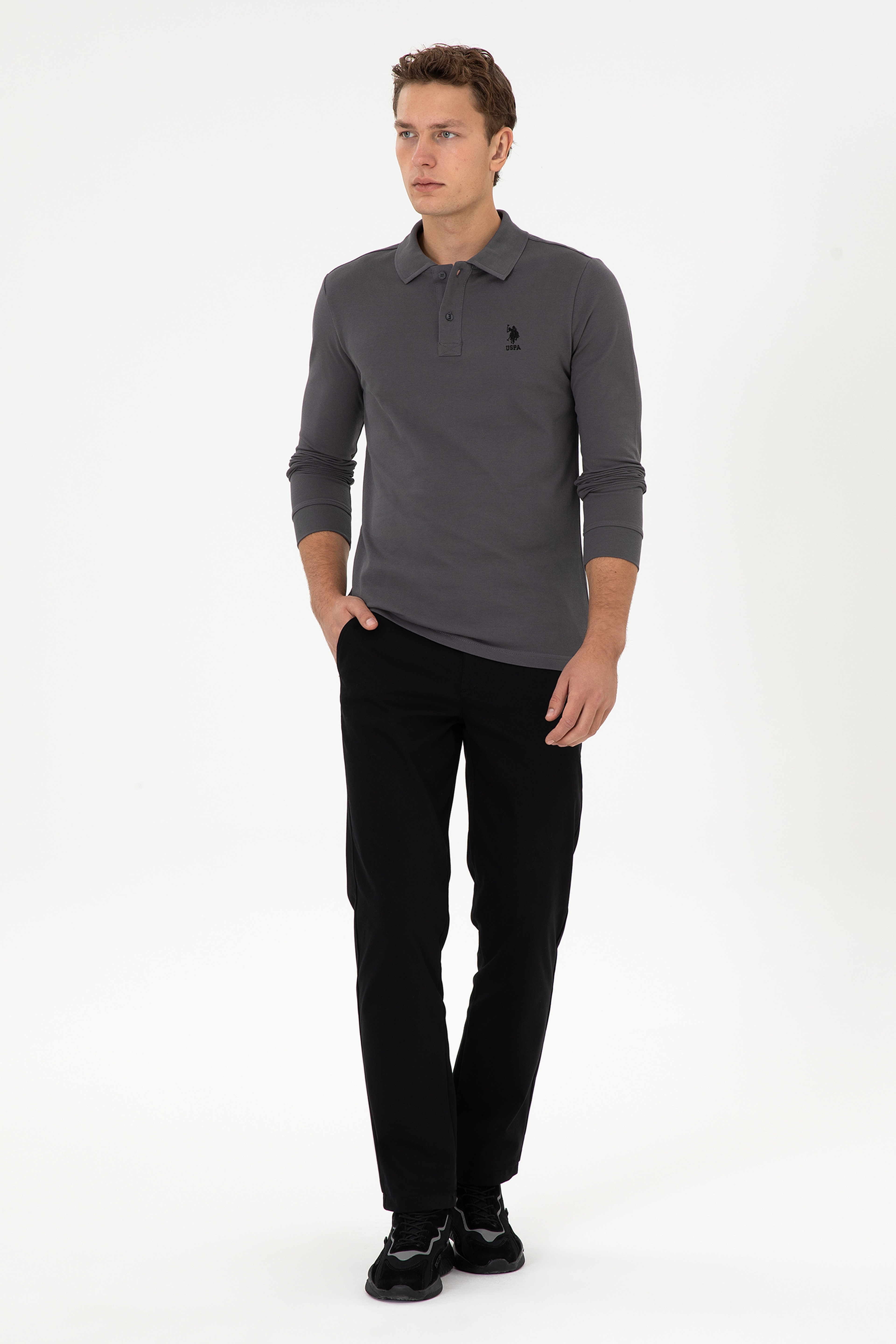 Erkek Slim Fit Polo Yaka Gri Basic Sweatshirt