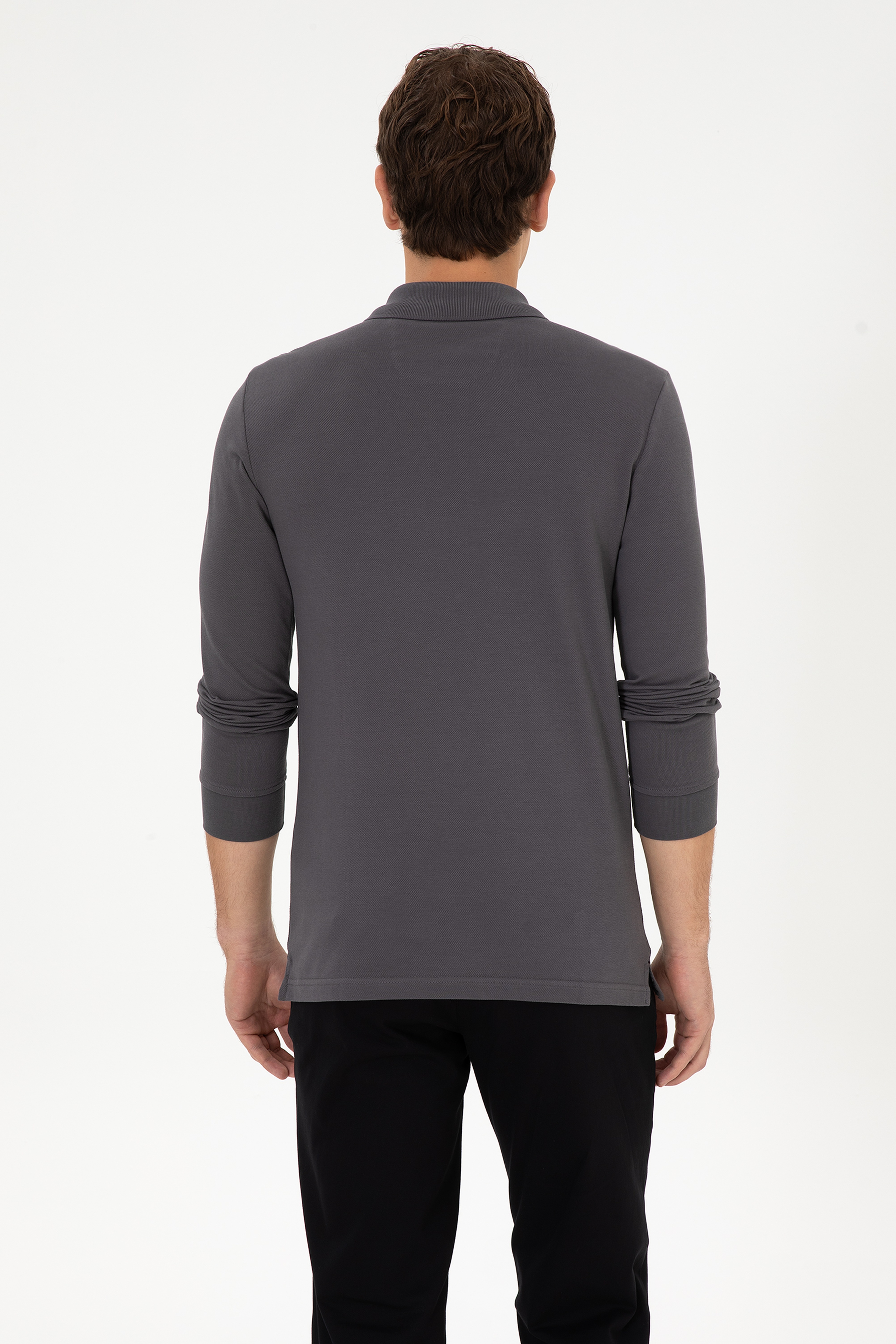 Erkek Slim Fit Polo Yaka Gri Basic Sweatshirt - Image 5