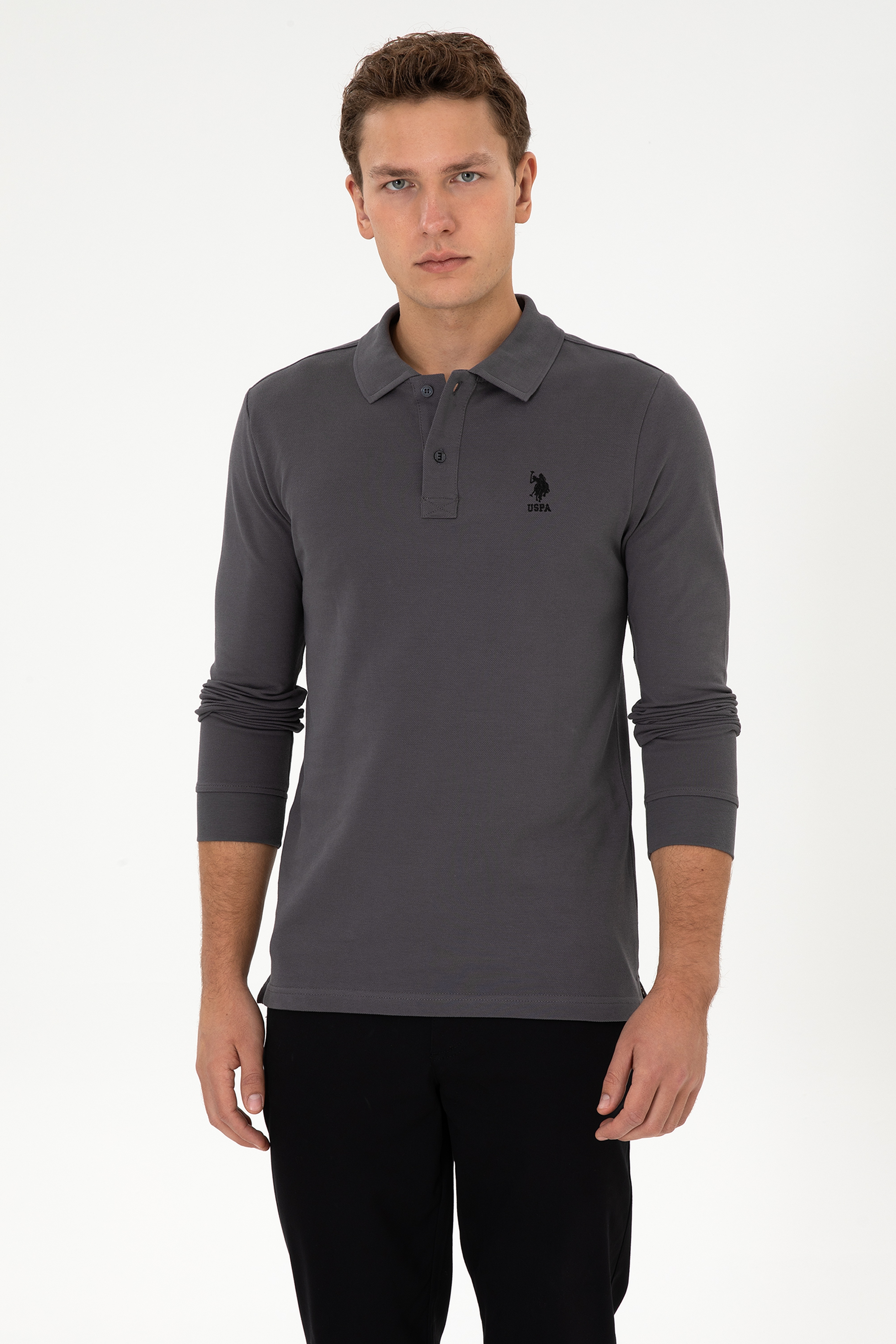 Erkek Slim Fit Polo Yaka Gri Basic Sweatshirt - Image 1