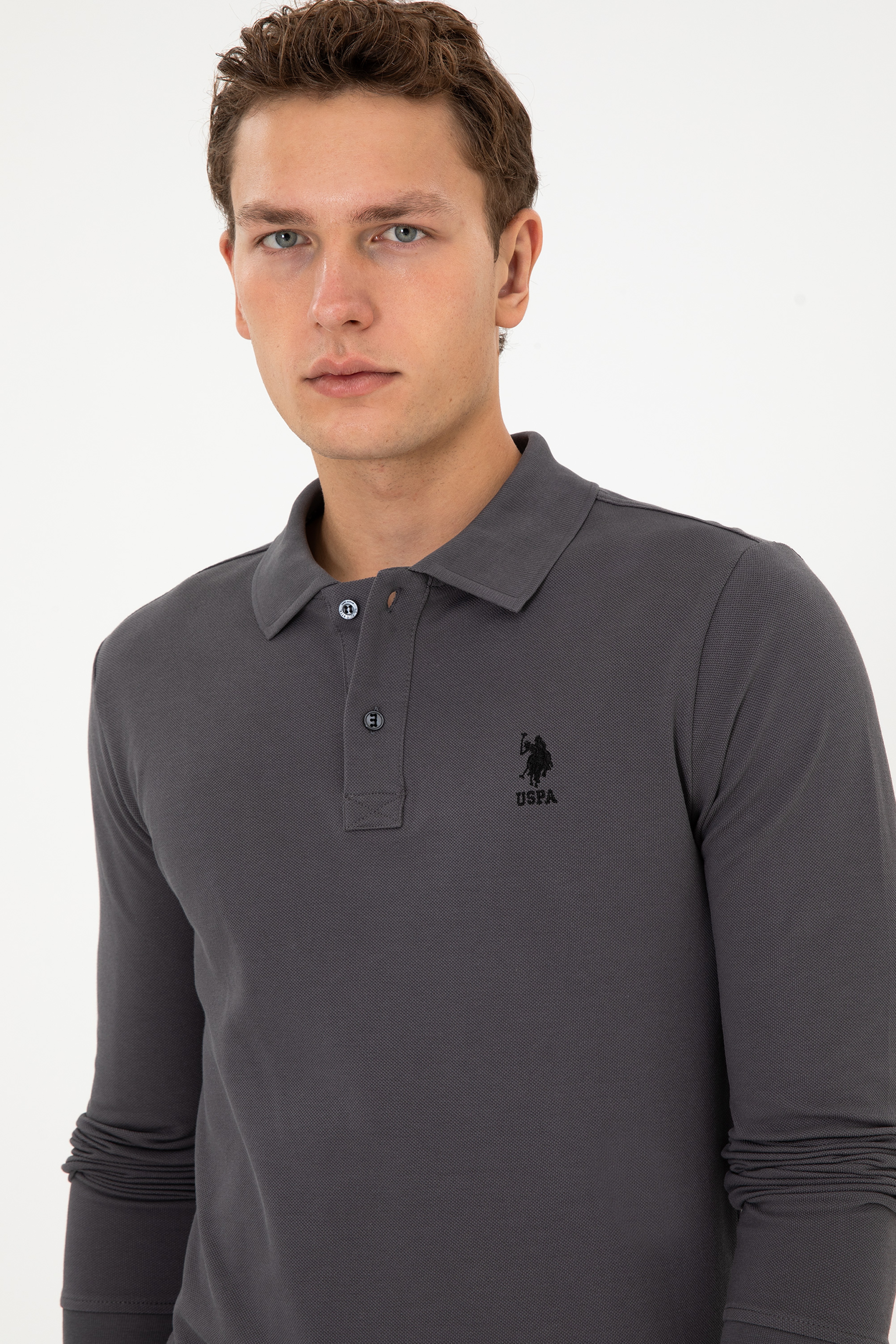 Erkek Slim Fit Polo Yaka Gri Basic Sweatshirt - Image 2