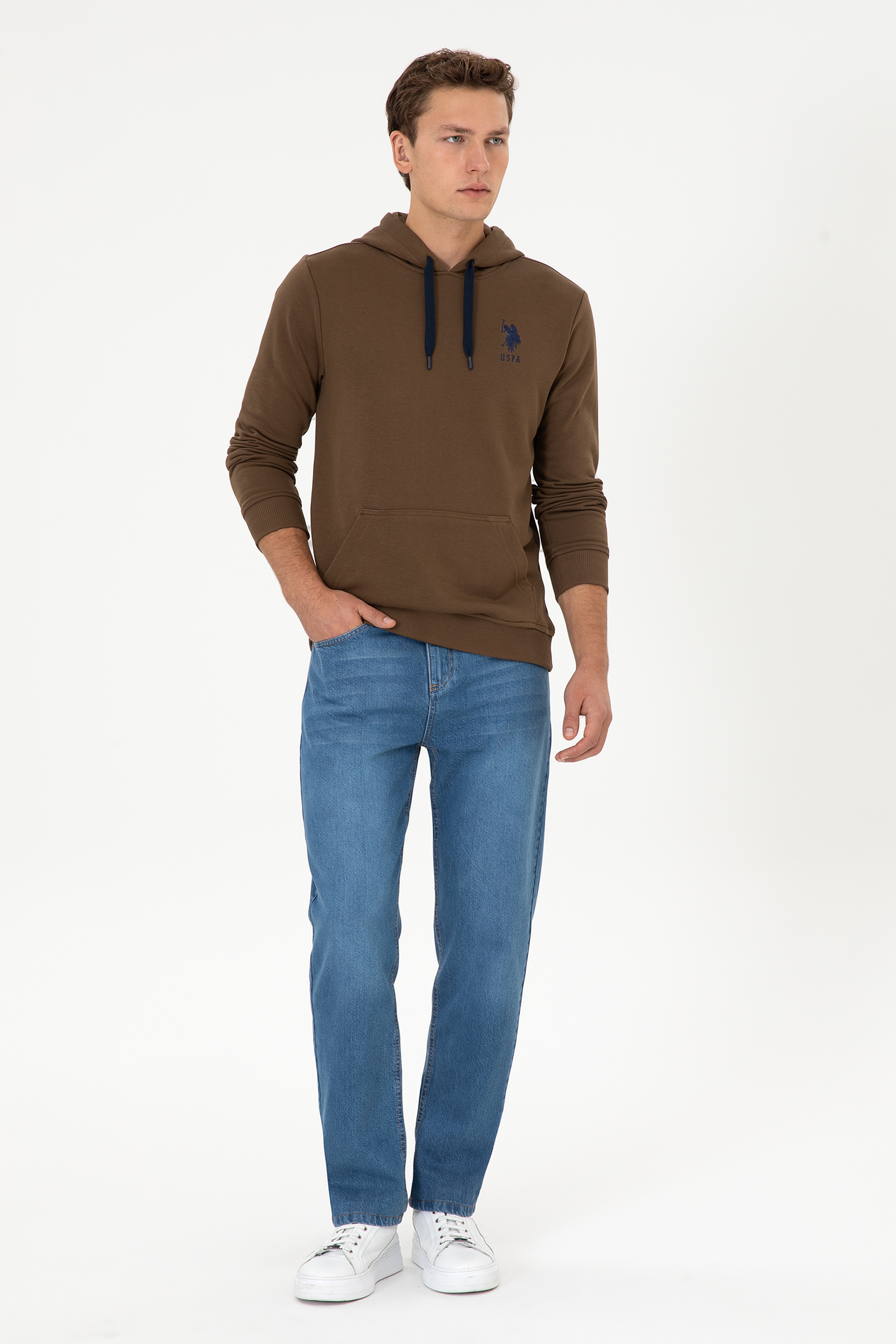 Erkek Regular Fit Kapüşonlu Haki Basic Sweatshirt - Image 4