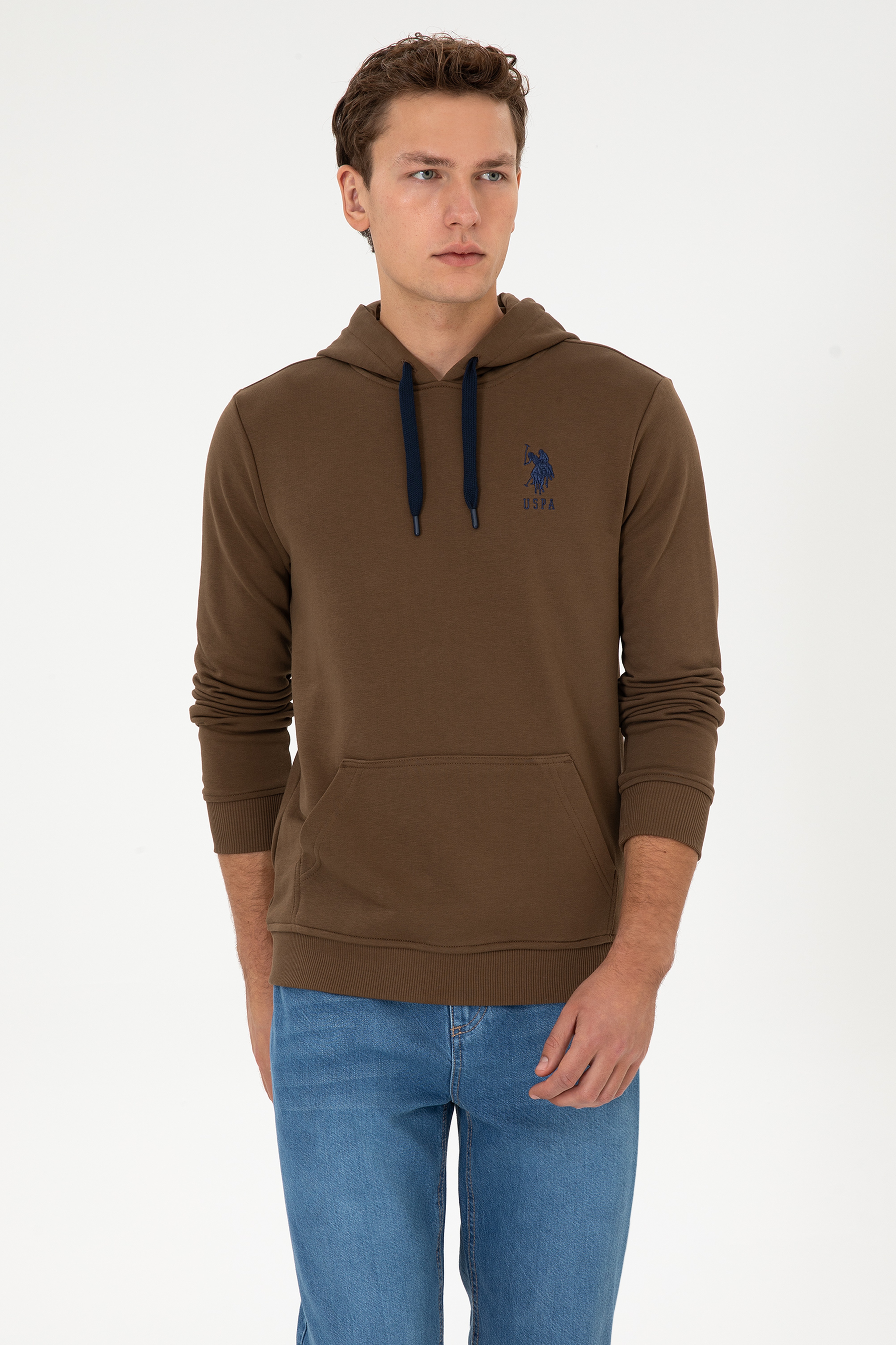 Erkek Regular Fit Kapüşonlu Haki Basic Sweatshirt