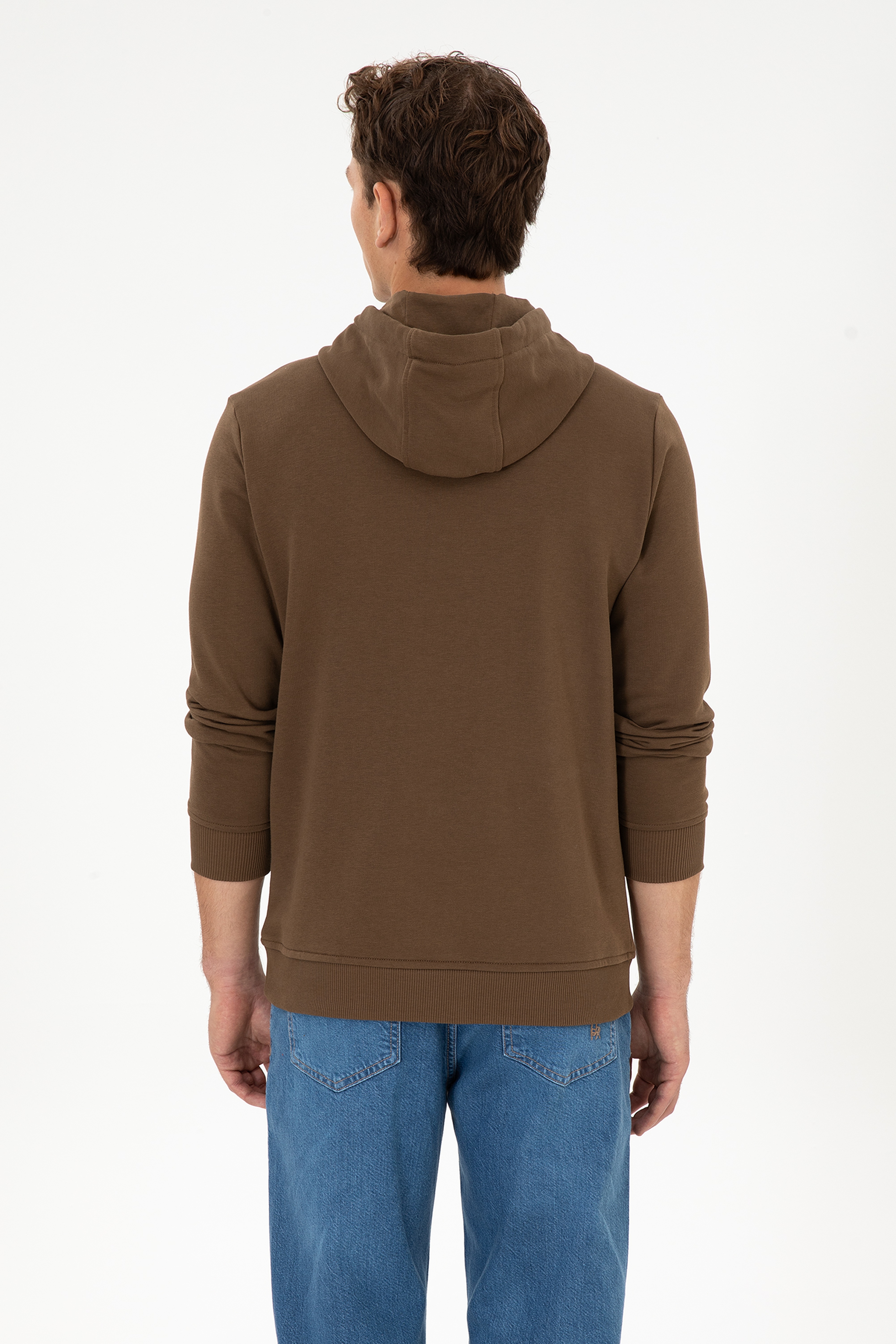 Erkek Regular Fit Kapüşonlu Haki Basic Sweatshirt - Image 5