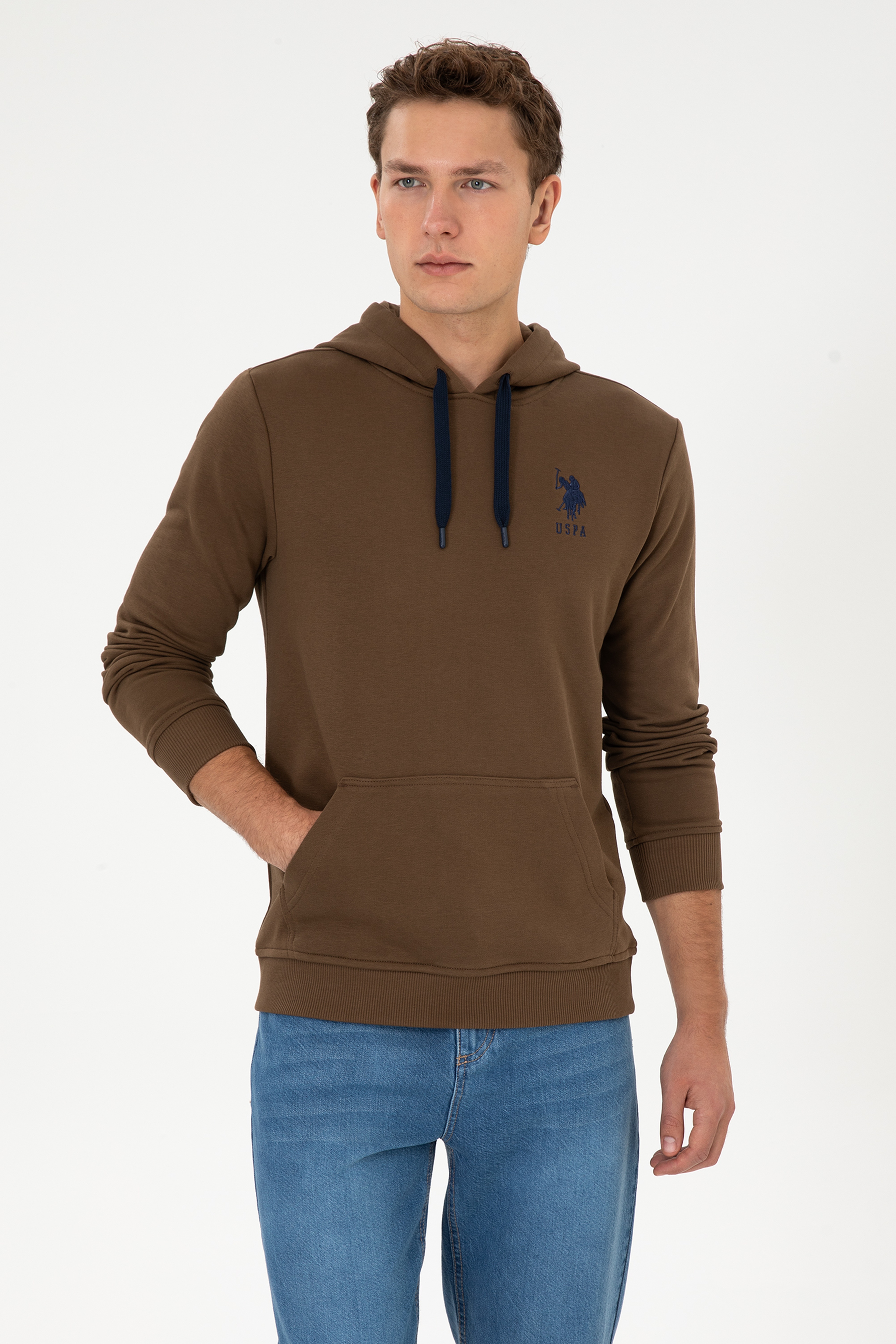 Erkek Regular Fit Kapüşonlu Haki Basic Sweatshirt - Image 3