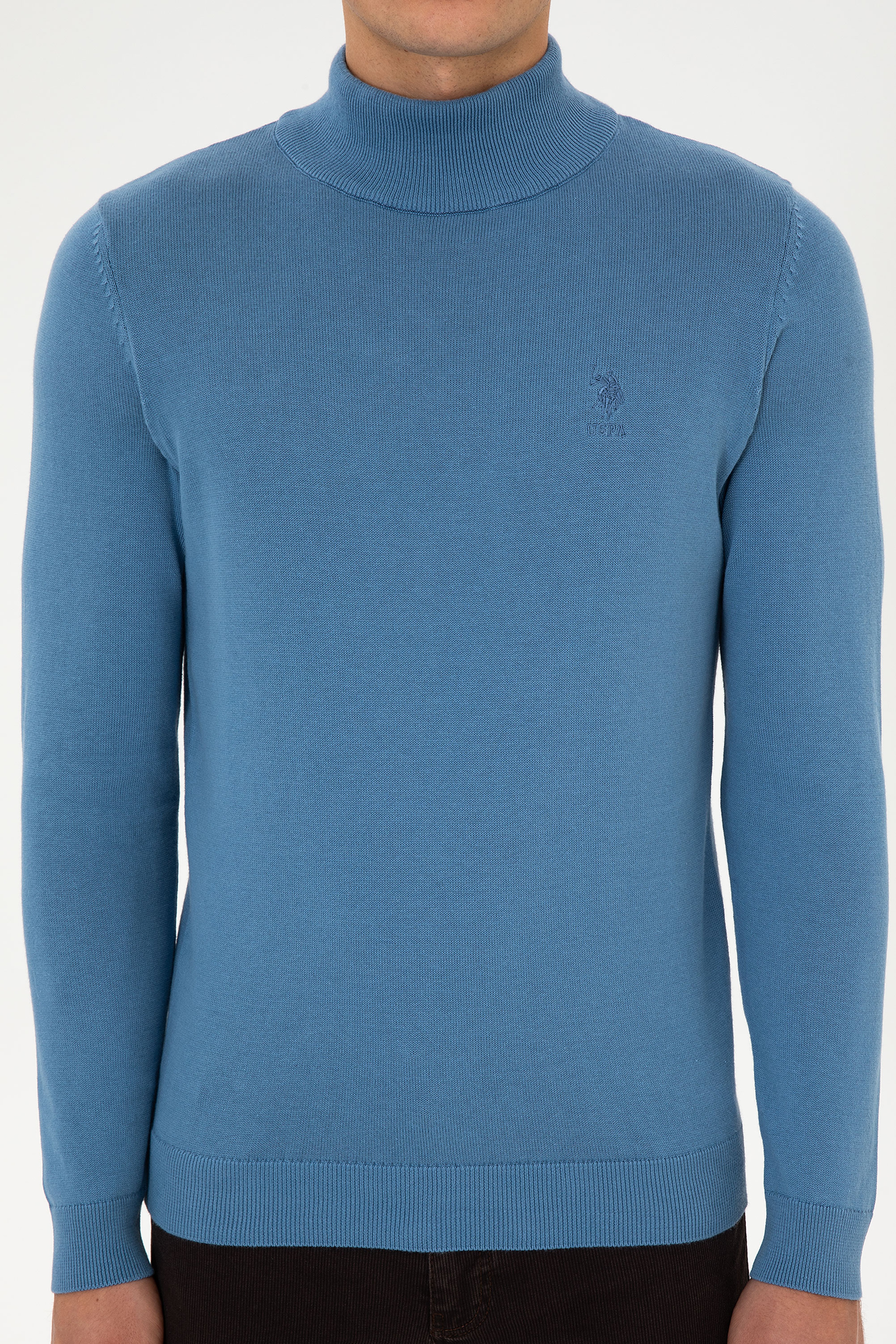 Erkek Slim Fit Yarım Balıkçı Yaka Saks Basic Kazak