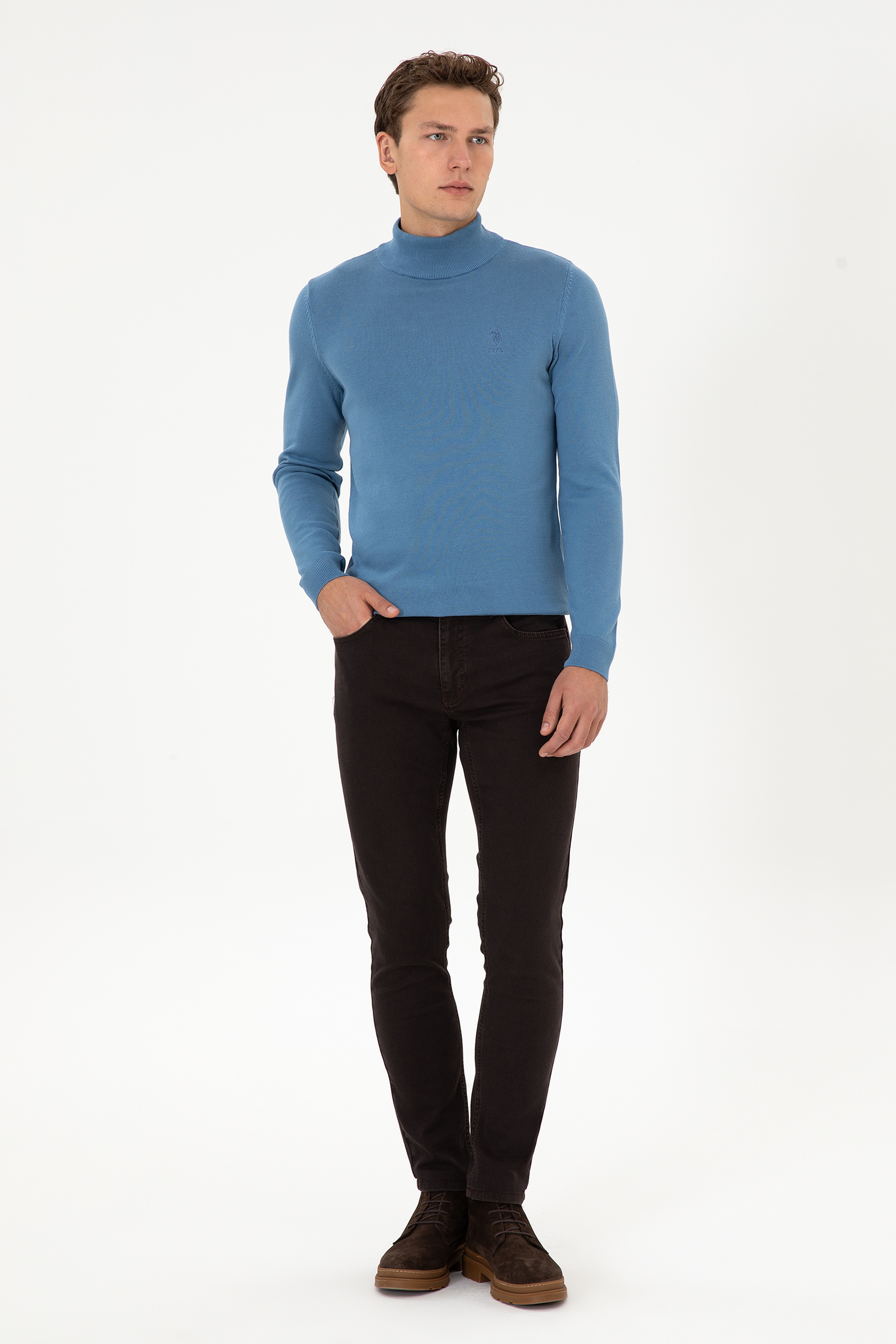Erkek Slim Fit Yarım Balıkçı Yaka Saks Basic Kazak - Image 4