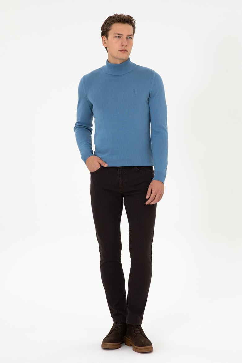 Erkek Slim Fit Yarım Balıkçı Yaka Saks Basic Kazak - 50307783146