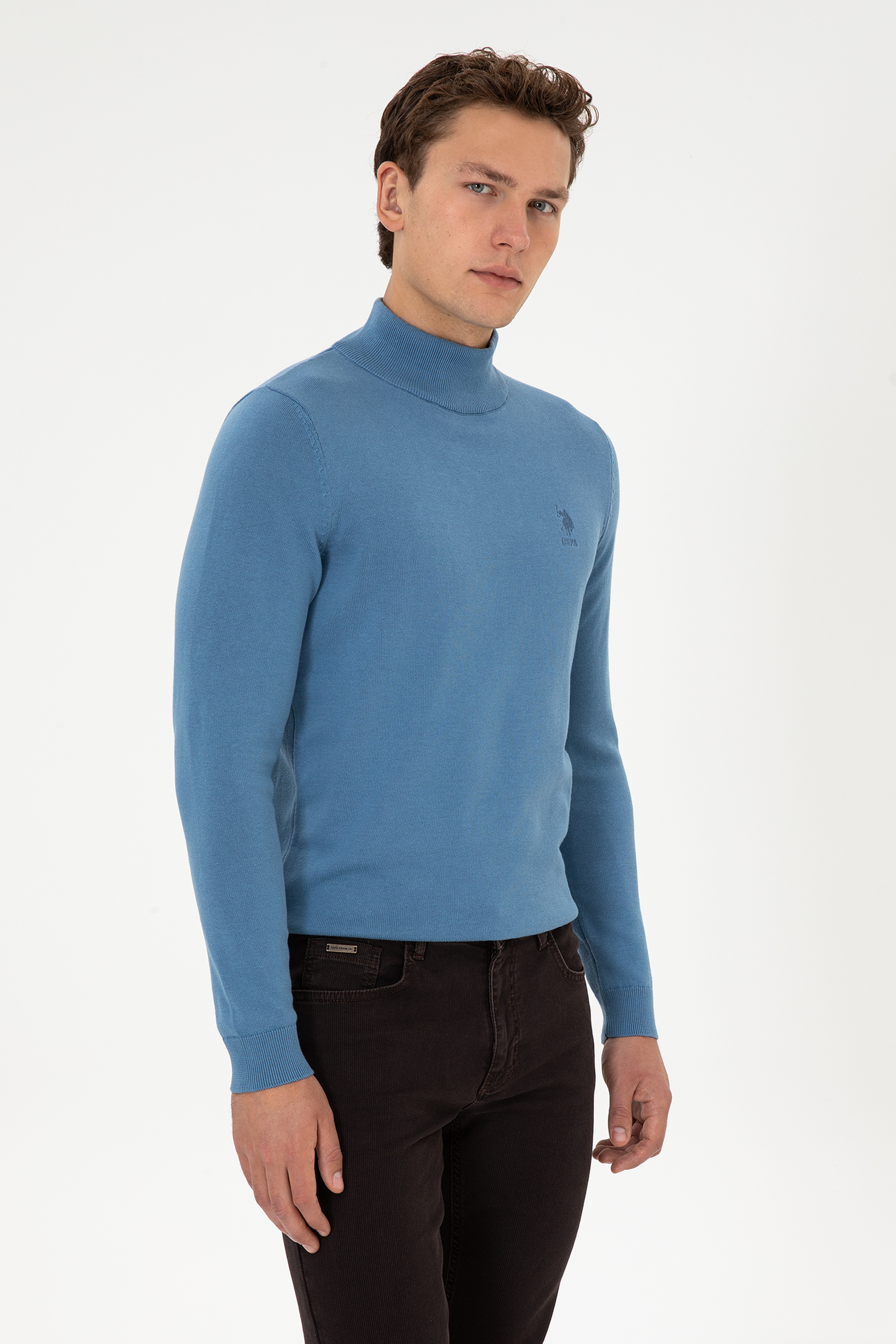 Erkek Slim Fit Yarım Balıkçı Yaka Saks Basic Kazak - Image 3