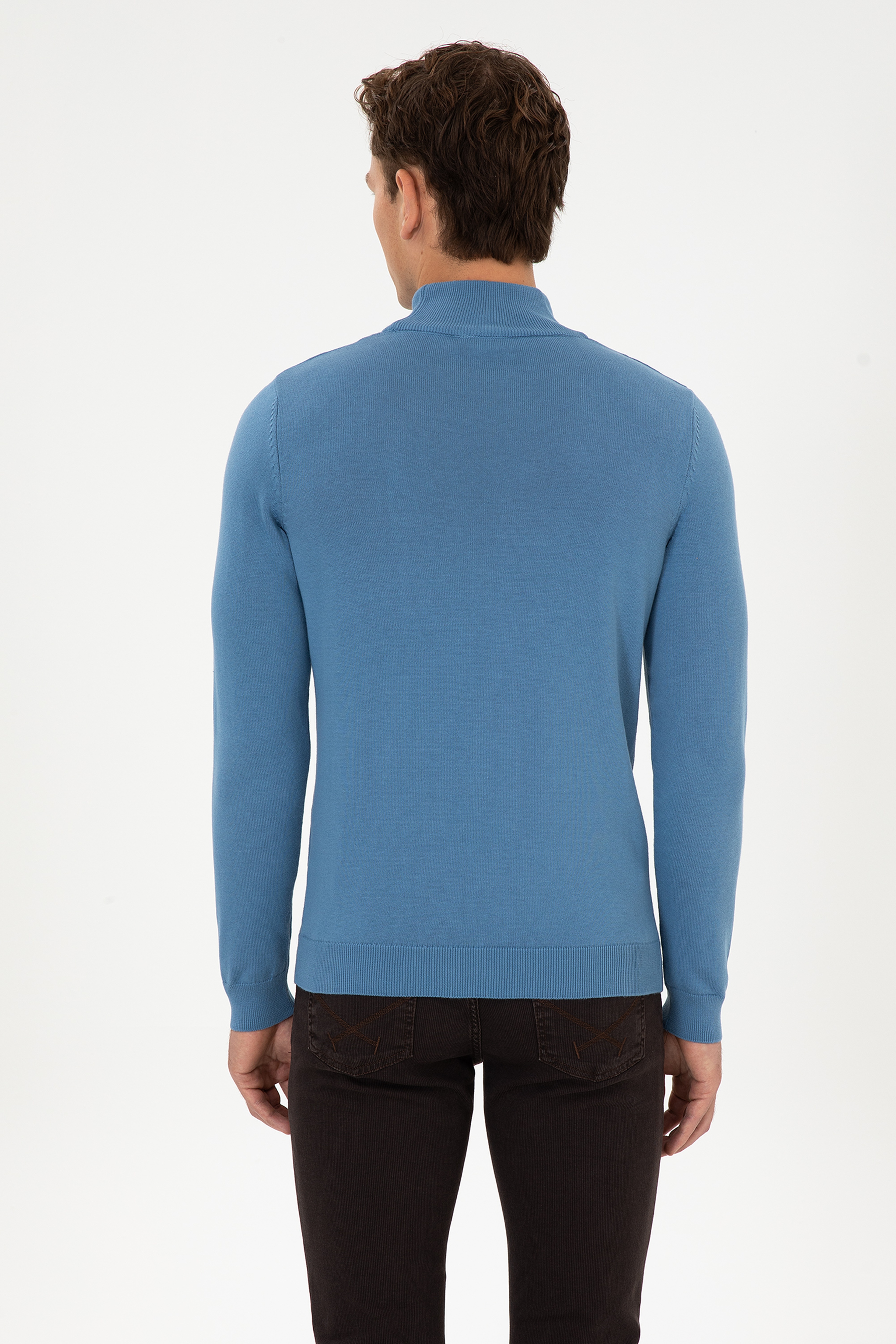 Erkek Slim Fit Yarım Balıkçı Yaka Saks Basic Kazak - Image 5