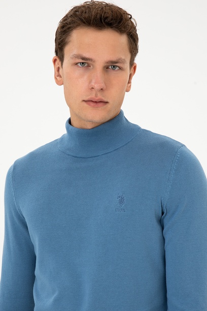 Erkek Slim Fit Yarım Balıkçı Yaka Saks Basic Kazak