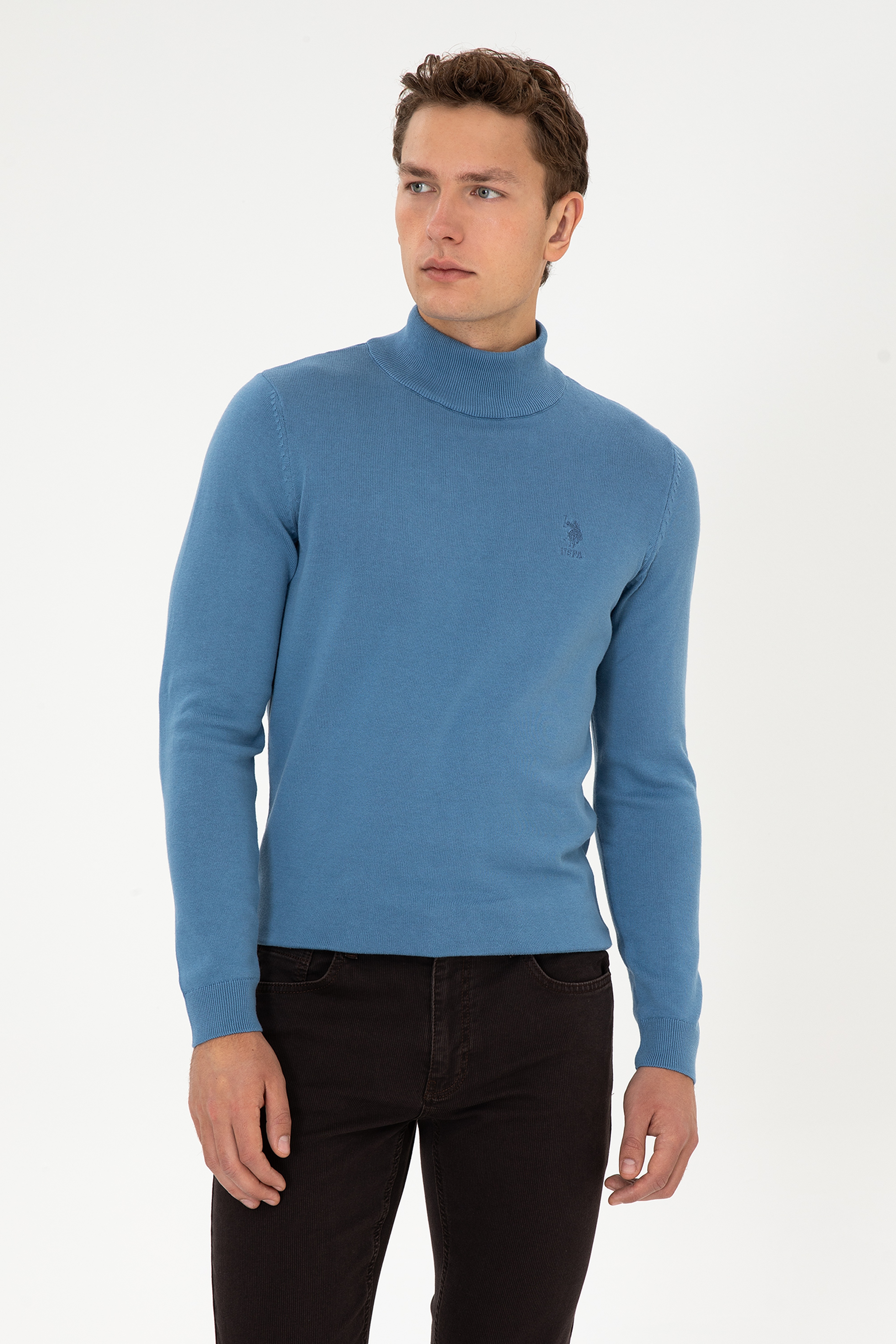 Erkek Slim Fit Yarım Balıkçı Yaka Saks Basic Kazak - Image 1