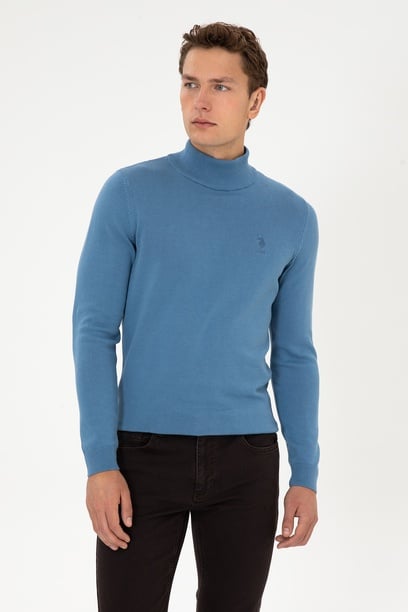 Erkek Slim Fit Yarım Balıkçı Yaka Saks Basic Kazak