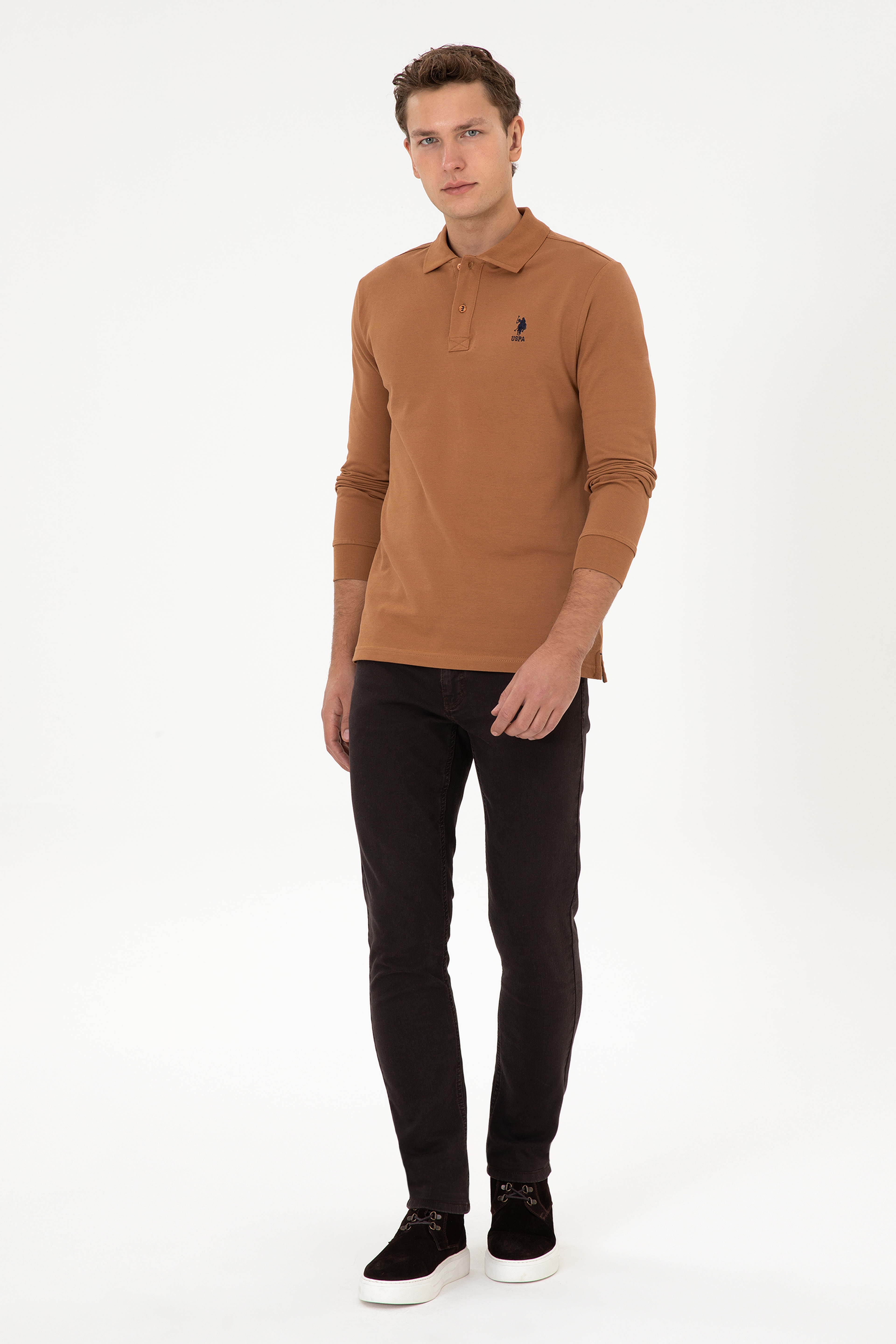 Erkek Regular Fit Polo Yaka Camel Basic Sweatshirt - Image 4