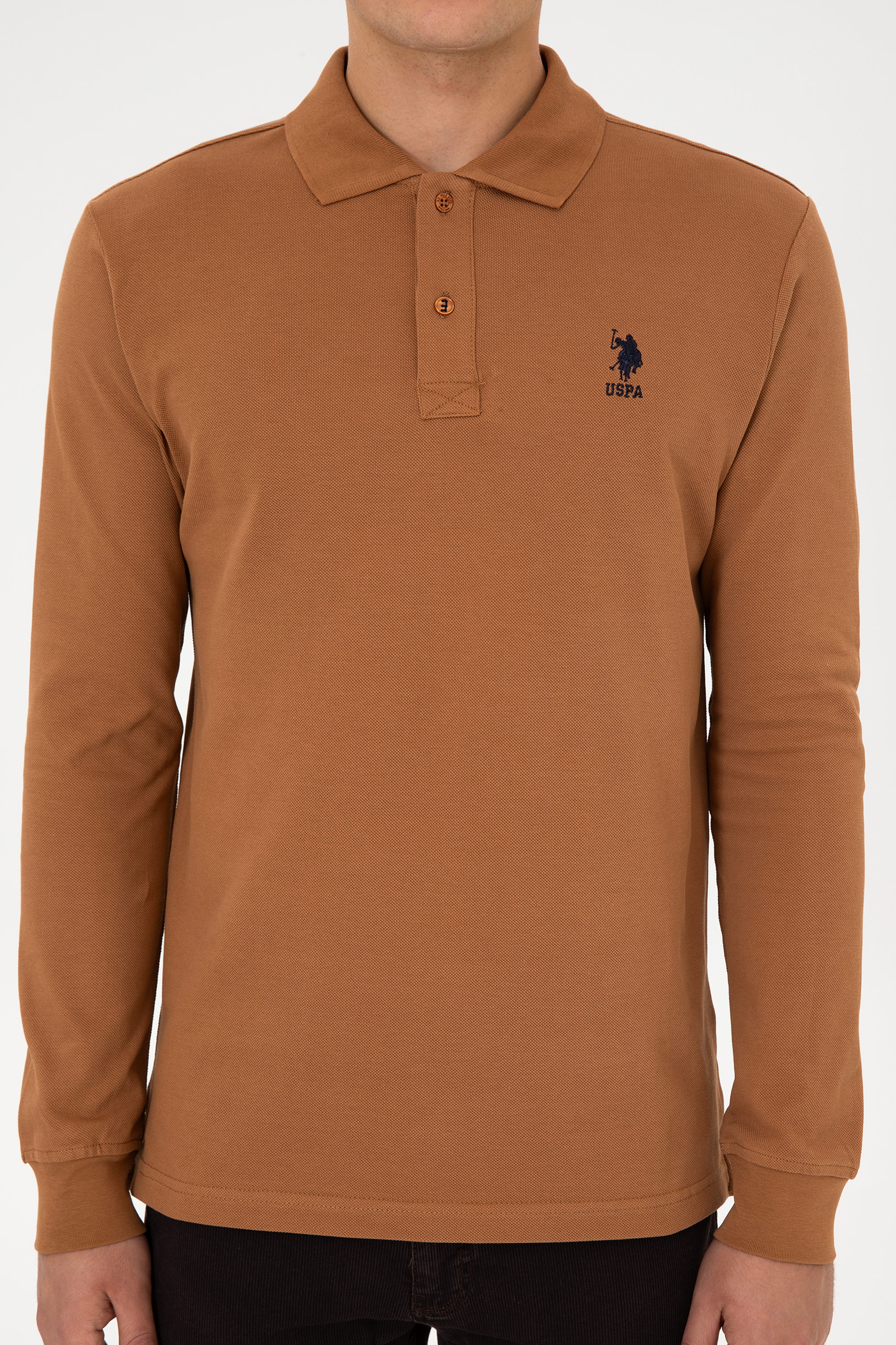 Erkek Regular Fit Polo Yaka Camel Basic Sweatshirt