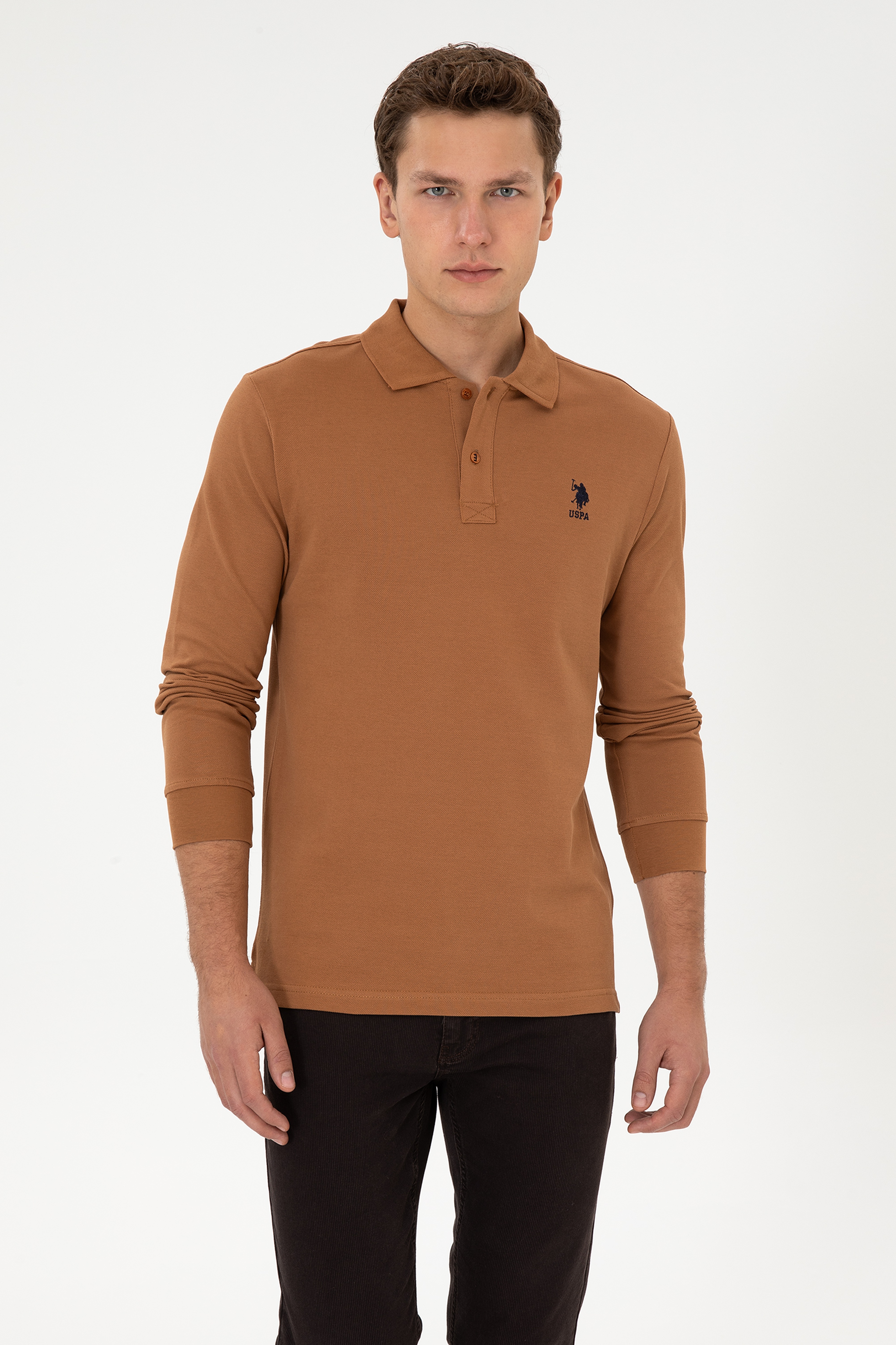Erkek Regular Fit Polo Yaka Camel Basic Sweatshirt - Image 1