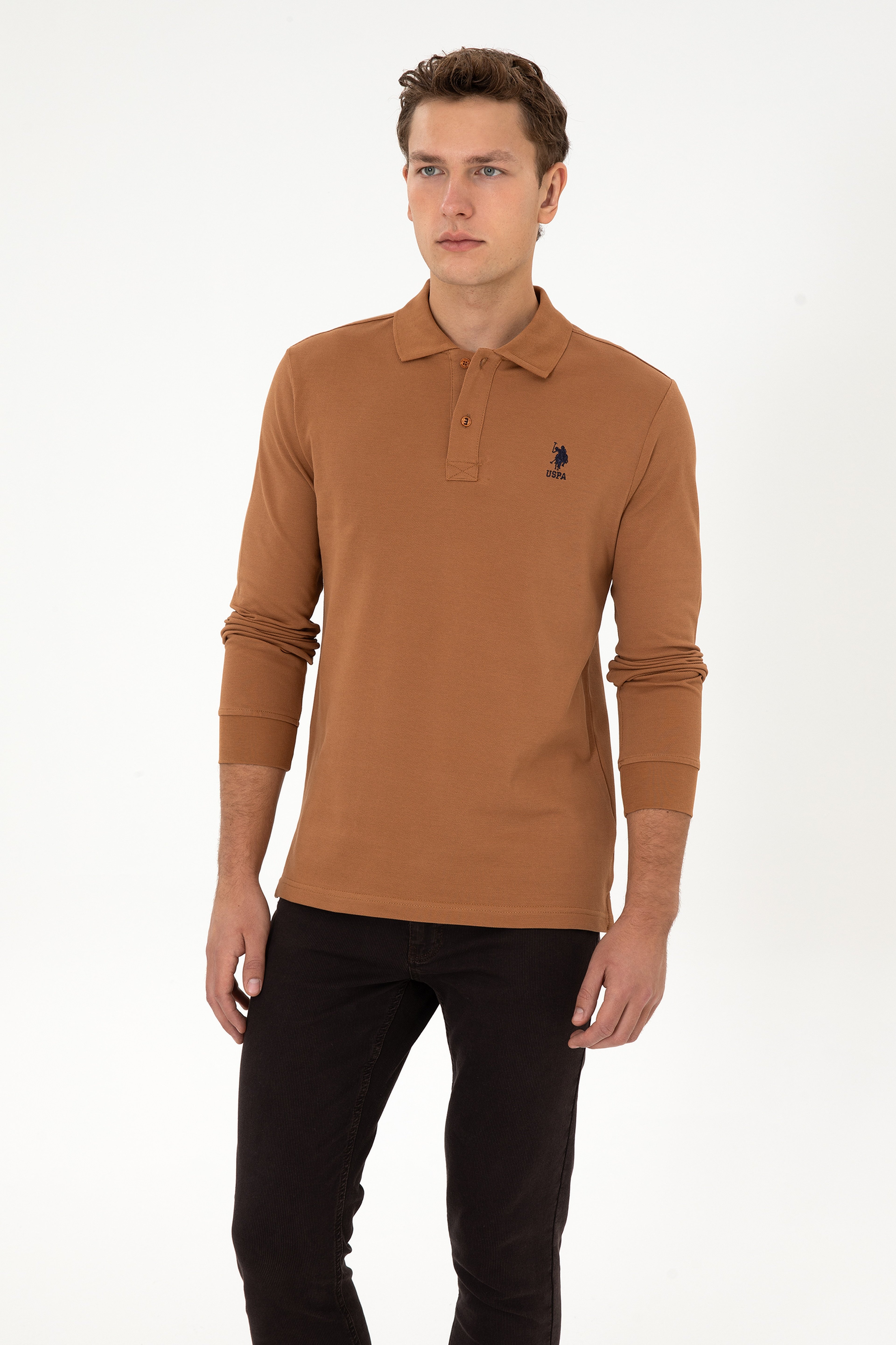 Erkek Regular Fit Polo Yaka Camel Basic Sweatshirt - Image 3