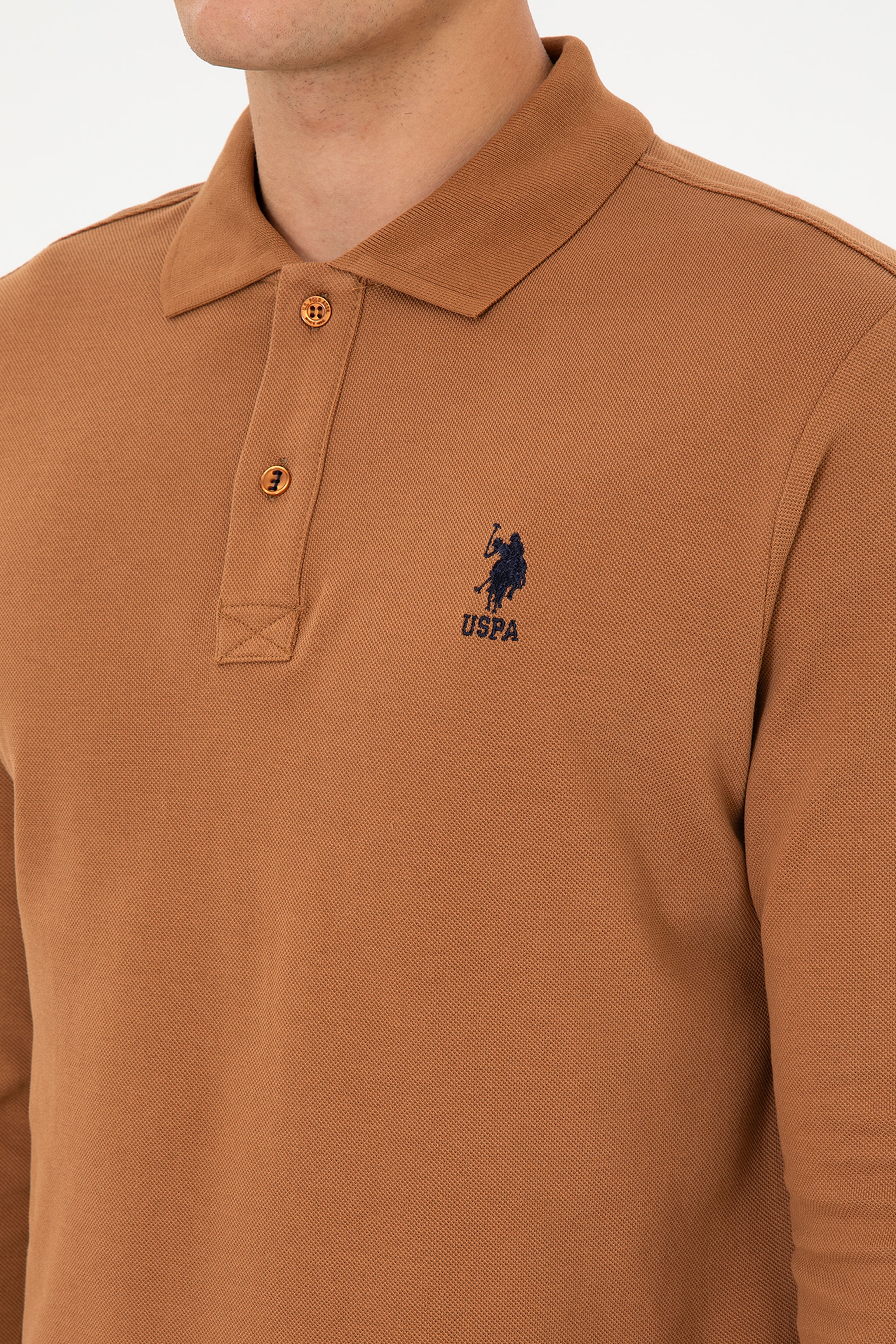 Erkek Regular Fit Polo Yaka Camel Basic Sweatshirt - Image 7