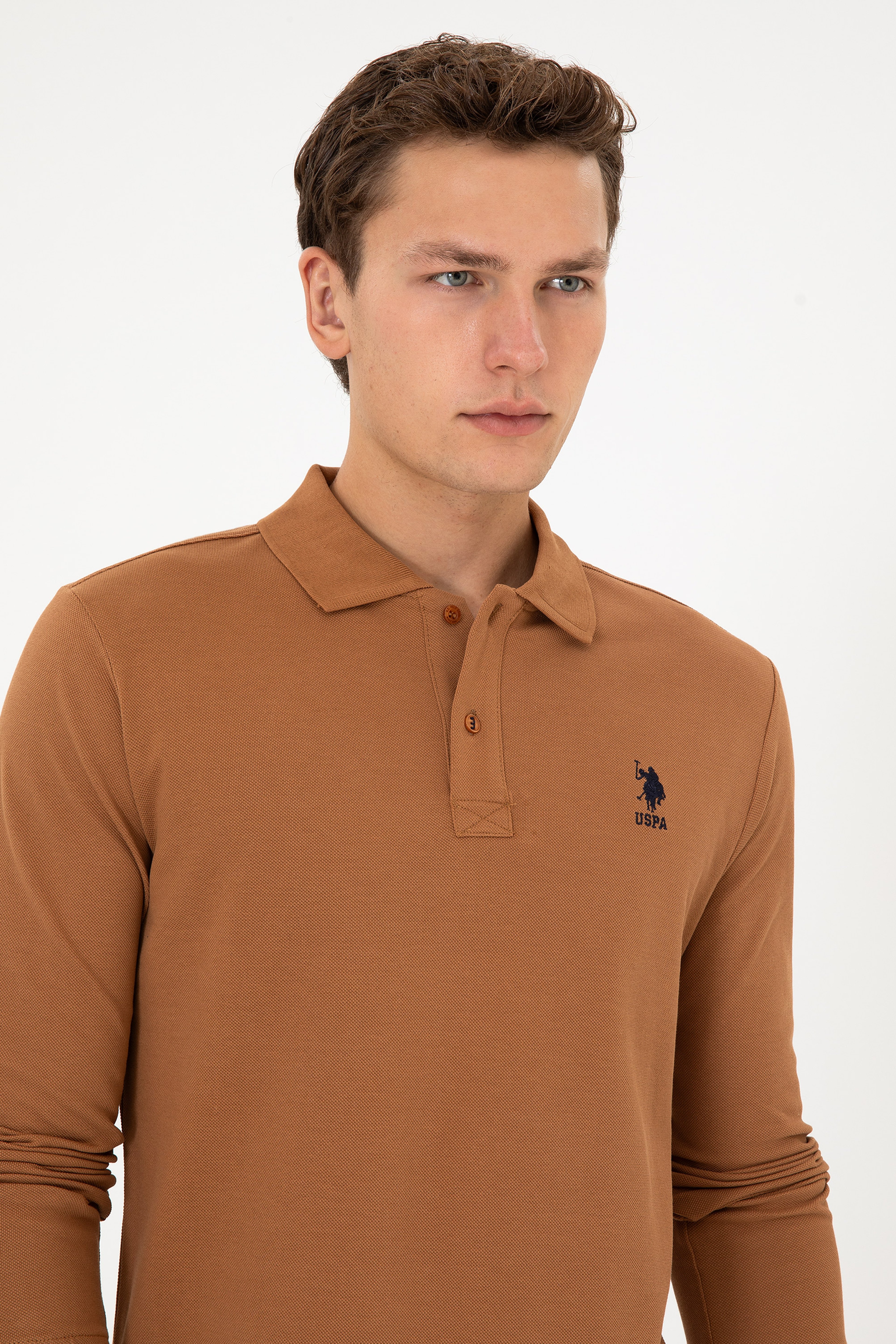 Erkek Regular Fit Polo Yaka Camel Basic Sweatshirt - Image 2